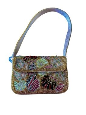 From India to You Handbeaded Bag shells Brown Tan Fall NWT